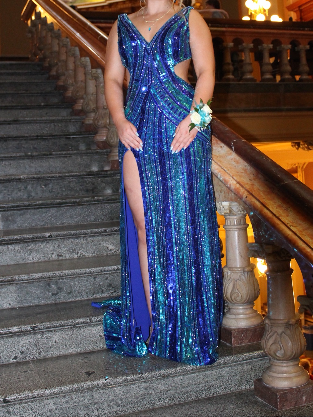 Scala Teal And Blue Sequin Prom Dress With Side Slit